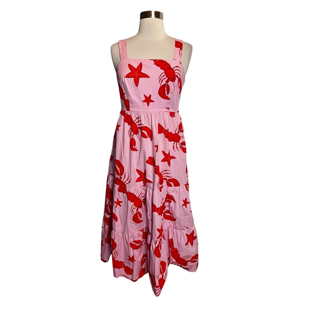 J.Crew Factory Lobster Dress Size 2 Pink Red Pockets Sleeveless Tiered nautical